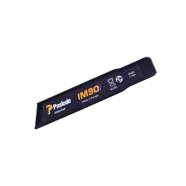 A black Paslode Impulse IM90i battery, labeled “Made in Europe,” with a recycling symbol and 6V DC, 2.2Ah specification, shown on a white background.