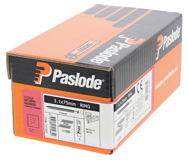 Paslode IM350+ 141265 75mm x 3.1mm Hot Dip Galv Ring Shank Nail - 1100 box c/w 1 Fuel Cell