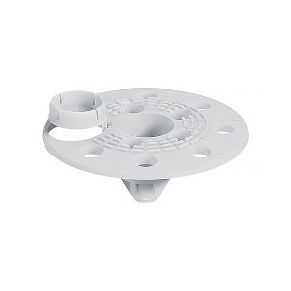 A white, round plastic mounting plate with multiple holes and raised sections, designed for securing or aligning components. The plate has a central opening and a small circular holder attached to one side.