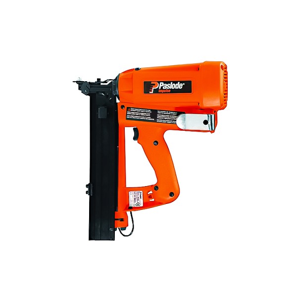 A Paslode cordless stapler with a magazine feed and safety tip, for fastening materials using heavy-duty staples.