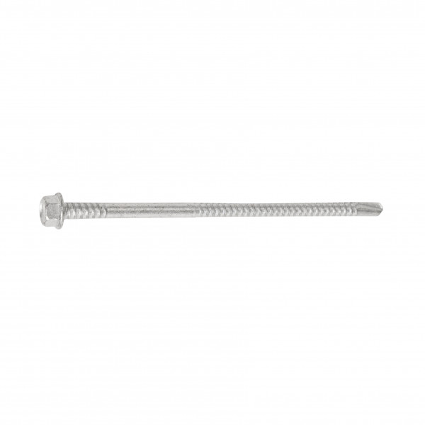 A stainless steel screw with a threaded shaft and sharp point, for general-purpose fastening applications.