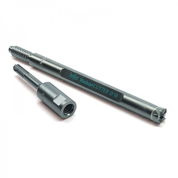 A metal rebar cutter tool with a detachable adapter, both in a silver finish, displayed on a white background. The main body is labeled RebarCUTTER Ø18.