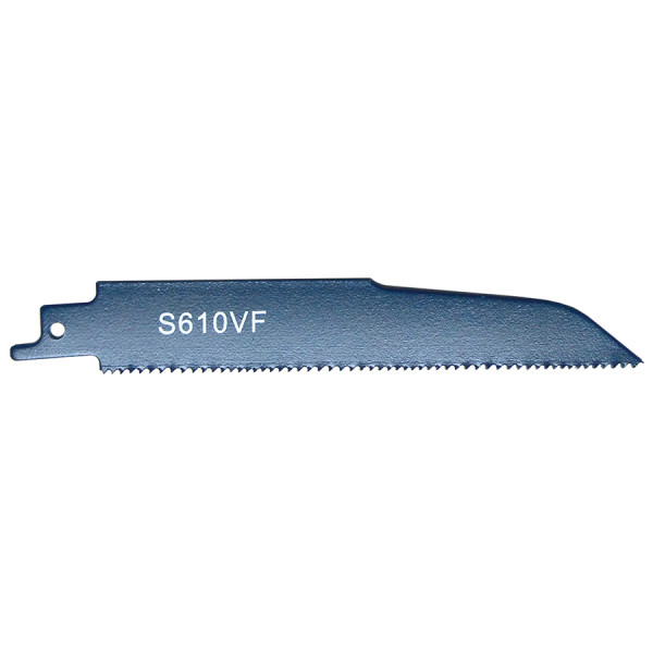 A blue reciprocating saw blade with the code S610VF printed on it; the blade has sharp, jagged teeth along one edge and a notched attachment end.