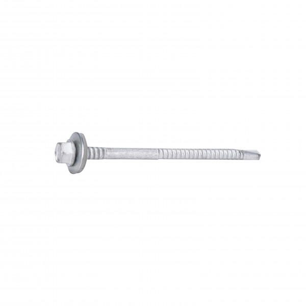 A silver hex head self-drilling screw with a washer, shown horizontally on a white background.