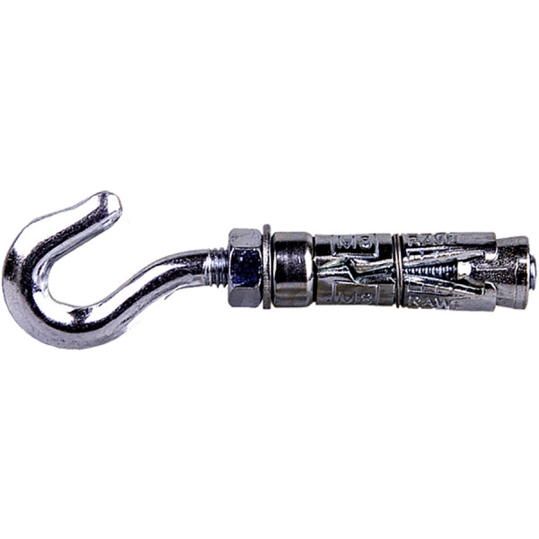 A bright zinc plated shield anchor with a pressed hookbolt, an expansion sleeve, and a hex nut, used for hanging and suspending loads from concrete.