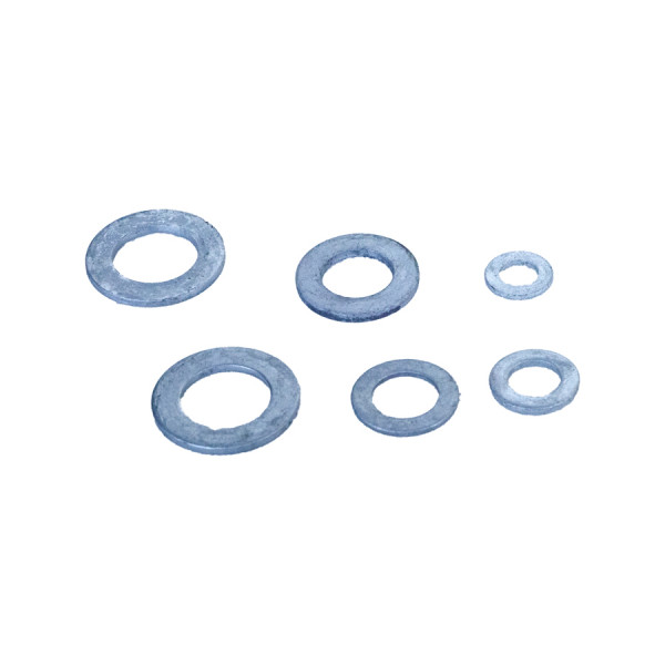 A galvanised flat washer with a central hole, used to distribute the load of a bolt or screw head across a surface.