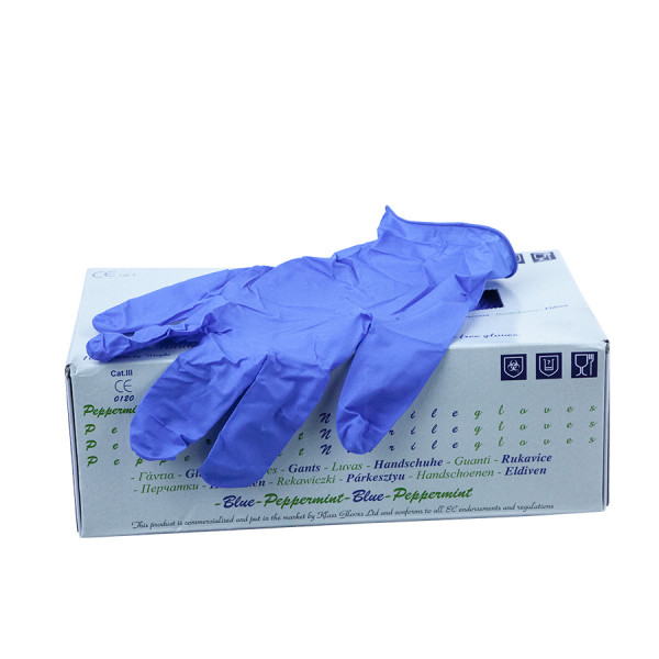 A pair of disposable nitrile gloves with a textured fingertip for grip, offering protection against chemicals and contaminants.