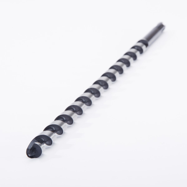 A close-up of a long, black, spiral drill bit designed for boring holes, placed on a white background with the tip facing the camera.