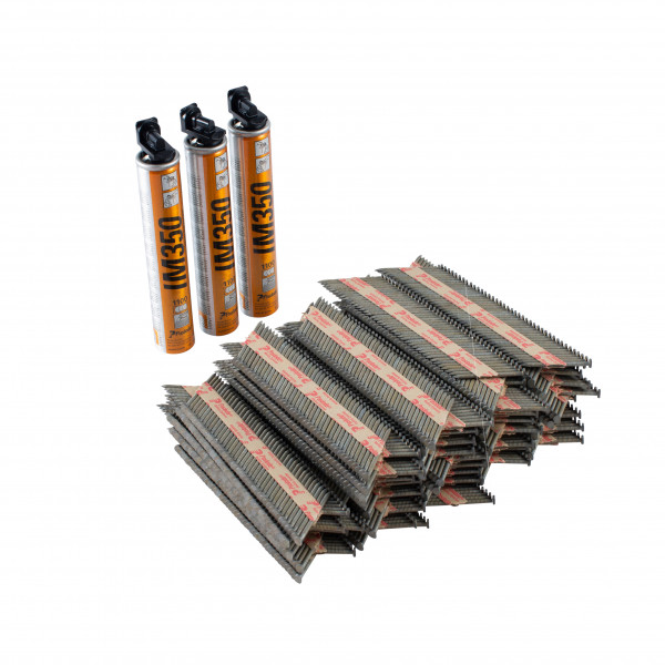 Three orange cans labeled IM350 stand upright next to multiple neatly stacked strips of collated nails, all set against a white background.