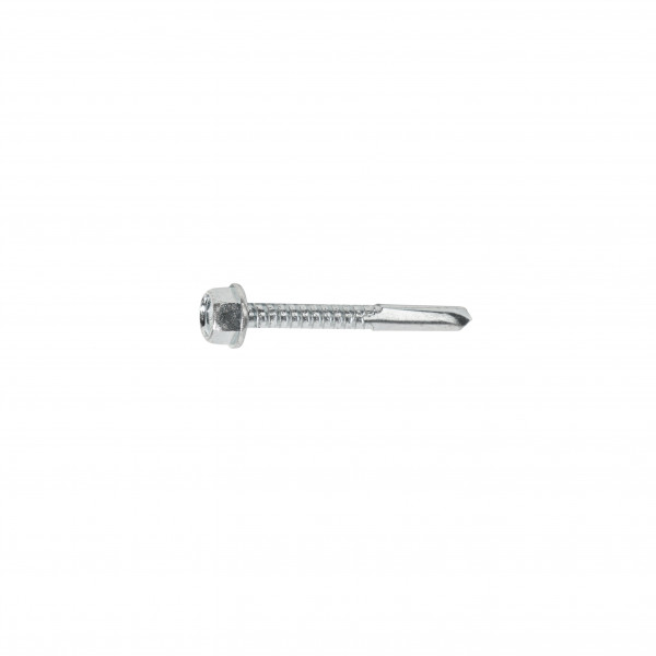 A single silver self-drilling screw with a hexagonal head and a pointed tip is shown on a plain white background.,