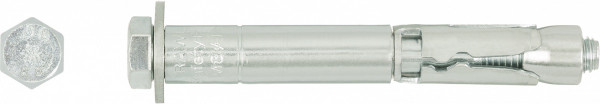 A metal safety-tested expansion anchor with a loose bolt, hex nut, and washer, designed for critical fixings in concrete.