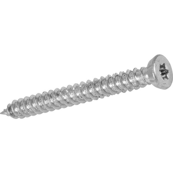 A steel masonry screw with a specially hardened thread, designed for direct fixing into concrete, brick, and block without a plug.