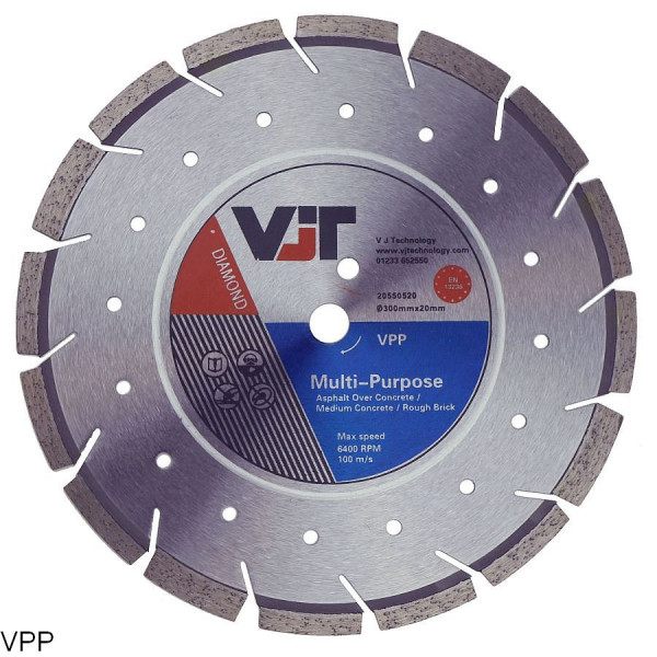 A circular diamond saw blade labeled VIT Multi-Purpose for cutting asphalt, concrete, masonry, and brick. The blade has segmented edges and a central hole for mounting.