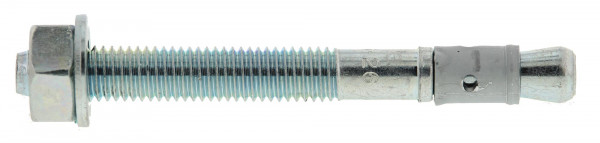 A close-up of a metal expansion bolt anchor with a hex nut and washer, showing threaded and smooth sections, designed for securing objects to masonry or concrete surfaces.