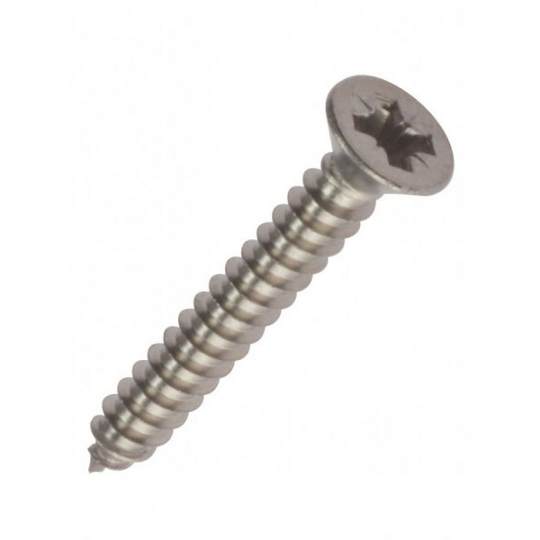 A stainless steel countersunk head screw with a threaded shaft and sharp point, for general-purpose fastening applications.