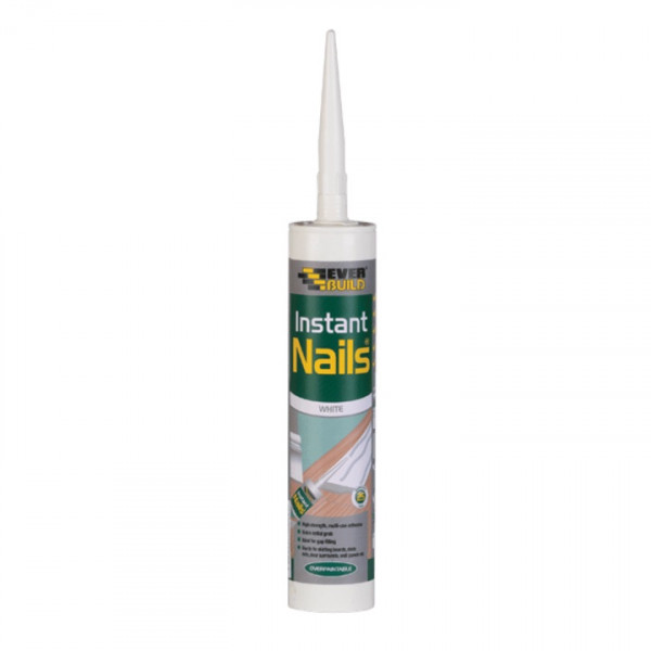A tube of Everbuild Instant Nails adhesive in white, with a pointed nozzle for application. The packaging features green and yellow branding and an image showing its use in construction.
