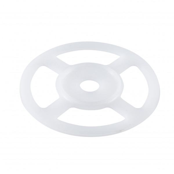 A white, round plastic disc with four evenly spaced cutout sections and a central circular hole, resembling a wheel or spacer, placed on a white background.