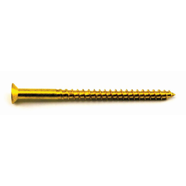 A brass countersunk head screw with a threaded shaft and sharp point, for general-purpose fastening applications.