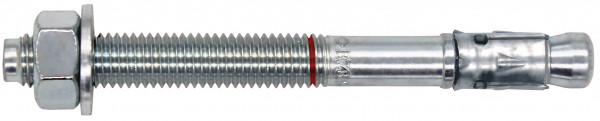A metal anchor bolt with a hex nut and washer, featuring a threaded shaft on the left and an expansion sleeve on the right for securing objects to concrete or masonry surfaces.