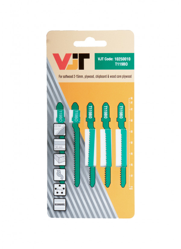 A pack of five green and silver jigsaw blades for cutting softwood, plywood, chipboard, and wood core plywood, labeled with the V-T brand and product details on a beige and gray striped backing card.