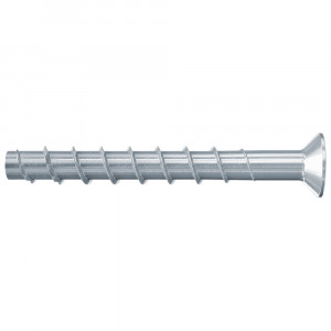 A single silver metal screw with a flat, countersunk head and spiral threads along the shaft, isolated on a white background.