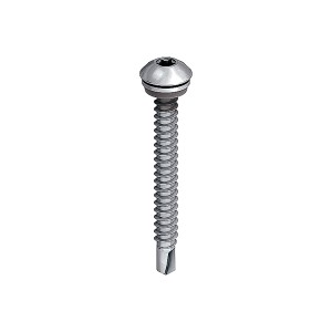 A single silver self-tapping screw with a hexagonal head and washer, set against a plain white background.