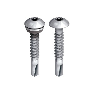 Two metallic self-drilling screws with round heads and Phillips drives are shown upright side by side on a white background. One screw has an extra washer beneath its head.,