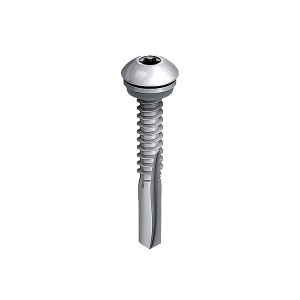 A single silver metal screw with a round head and a hexagonal socket, featuring a threaded shaft and a pointed tip, isolated on a white background.