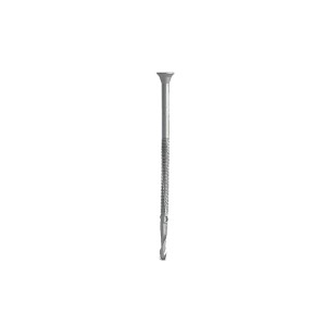 A steel self-drilling screw with a sharp drill-point tip and spiral threads along the shaft, suitable for fixing into steel framing.