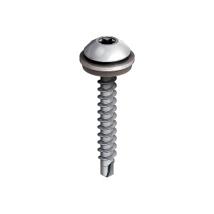 A close-up illustration of a silver, metal screw with a round, dome-shaped head and a threaded shaft ending in a pointed, self-drilling tip, isolated on a white background.