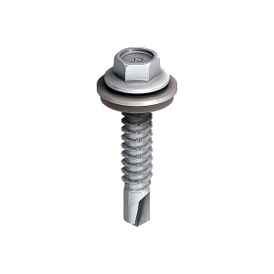 A steel self-drilling screw with a sharp drill-point tip and spiral threads along the shaft, suitable for fixing into steel framing.