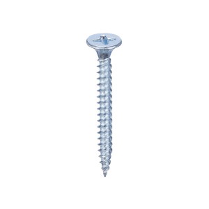 A bright zinc plated bugle head drywall screw with a bugle head and fine threads, designed for fixing plasterboard to timber or metal studwork.