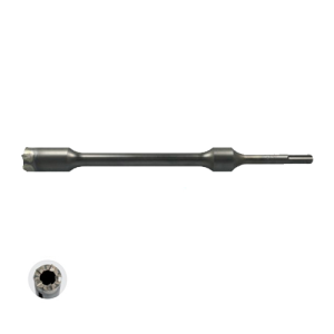 A metal SDS-max shank with a grooved cylindrical shaft and notched end, shown horizontally with a small inset image displaying the detailed end profile.