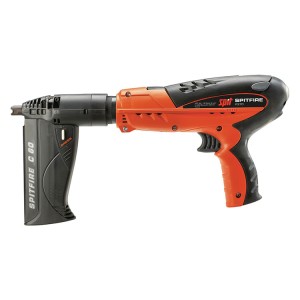An orange and black Spit cordless power tool, with an ergonomic grip, designed for use on construction and maintenance tasks.