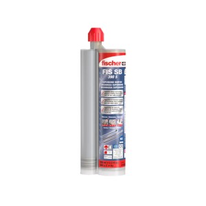 A cartridge of Fischer FIS SB 390 S, a two-part chemical anchor adhesive with a red cap, shown against a white background.