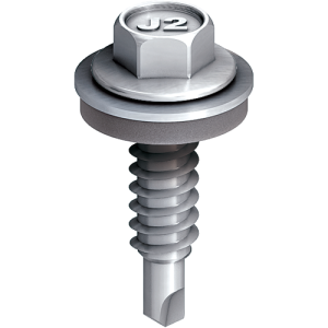 A close-up of a silver hex washer head self-drilling screw with a rubber washer and the marking J2 engraved on the hex head, shown against a plain white background.