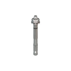 A metal through bolt anchor with a hex nut and washer, featuring a threaded shaft and expansion sleeve, designed for securing heavy loads to concrete or masonry surfaces.