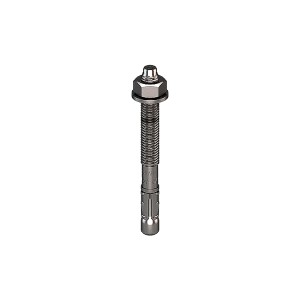 A metal through bolt anchor with a hex nut and washer, featuring a threaded shaft and expansion sleeve, designed for securing heavy loads to concrete or masonry surfaces.