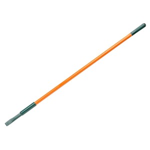 A long-handled tool with an orange shaft, a green grip at one end, and a flat metal blade at the other end, used for scraping or prying.