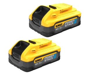 Two yellow and black DEWALT POWERSTACK 18V 5Ah lithium-ion batteries are shown side by side, angled slightly to the left on a white background.