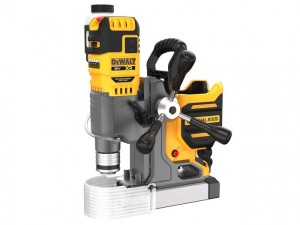 A yellow and black DeWalt cordless magnetic drill press with a silver base, black rotary handles, and a side-mounted battery pack.