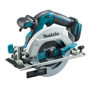 A teal and black Makita cordless circular saw with a 18V motor, an adjustable bevel plate, and a blade guard, for ripping and cross-cutting timber.