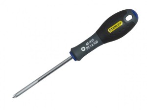 A Stanley brand Phillips screwdriver with a black and yellow handle and a long metal shaft, labeled 65-335 PZ1x100 on the handle.