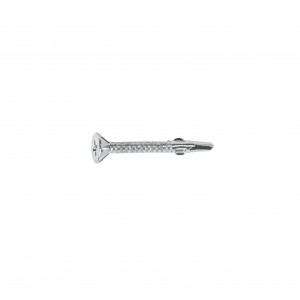 A single silver wall anchor screw with a flat, slotted head and pointed tip, isolated on a white background.