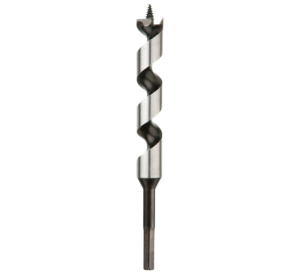 A wood drill bit with a precision-ground tip and fluted shank, for drilling into timber and sheet wood.