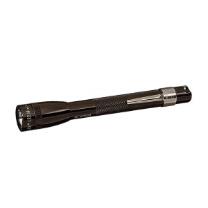A black, cylindrical LED flashlight with a textured grip and a metal clip, shown against a white background.