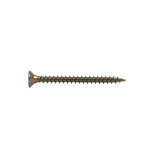 A steel countersunk head screw with a threaded shaft and sharp point, for general-purpose fastening applications.