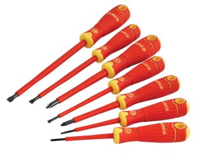 A set of 7 Bahco screwdrivers with colour-coded handles covering a range of flathead and Phillips sizes.,