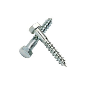Two metal hex head lag screws are crossed over each other on a white background. The screws have coarse threads and shiny silver surfaces.,