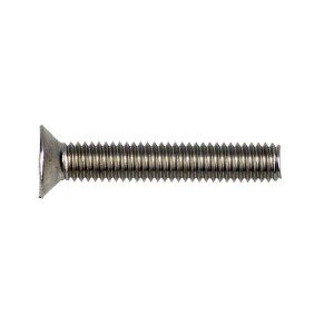 A silver, flat-head, fully threaded metal screw shown horizontally on a white background.